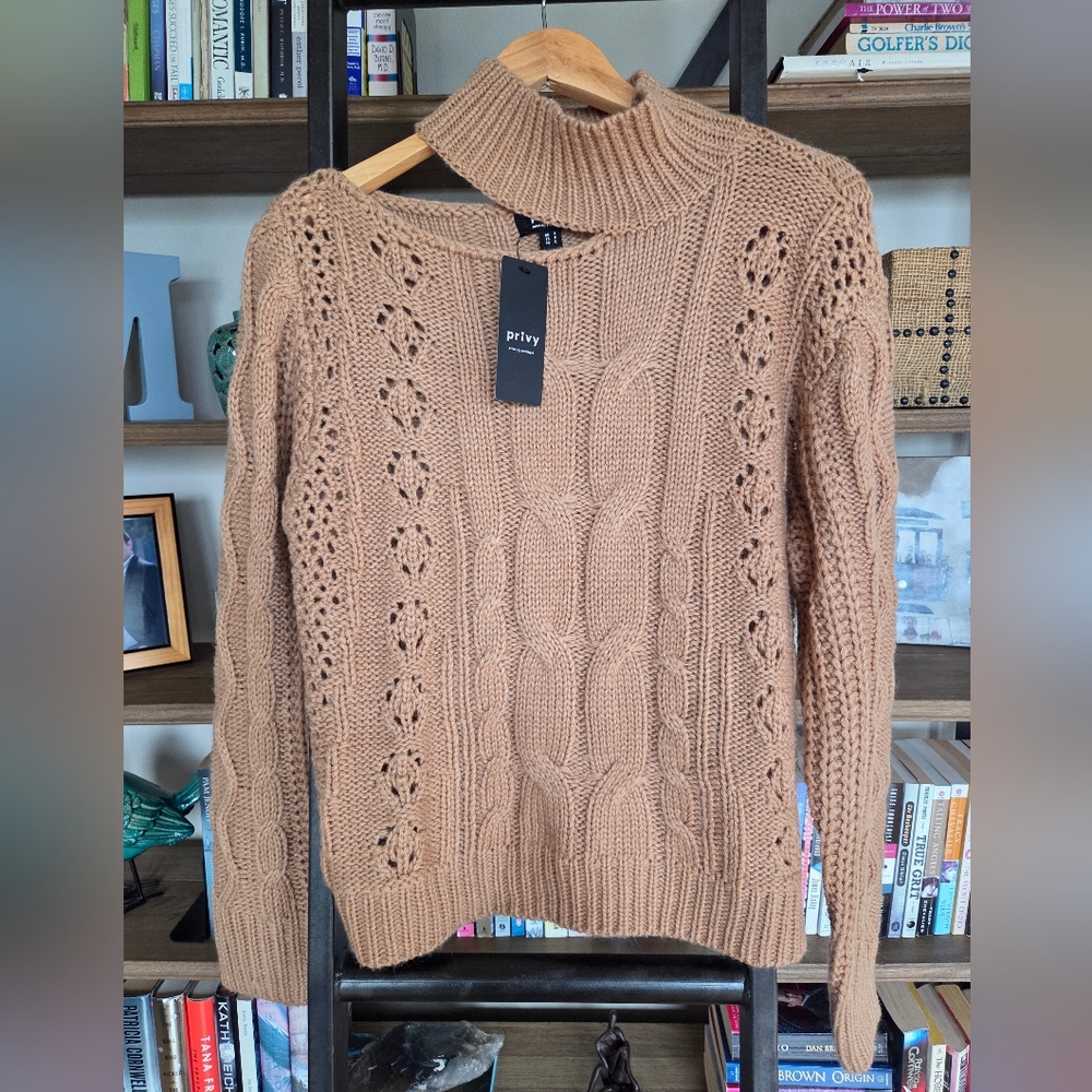 NWT - Privy Women's Cable Knit Split Neck Sweater, Camel, Size Small